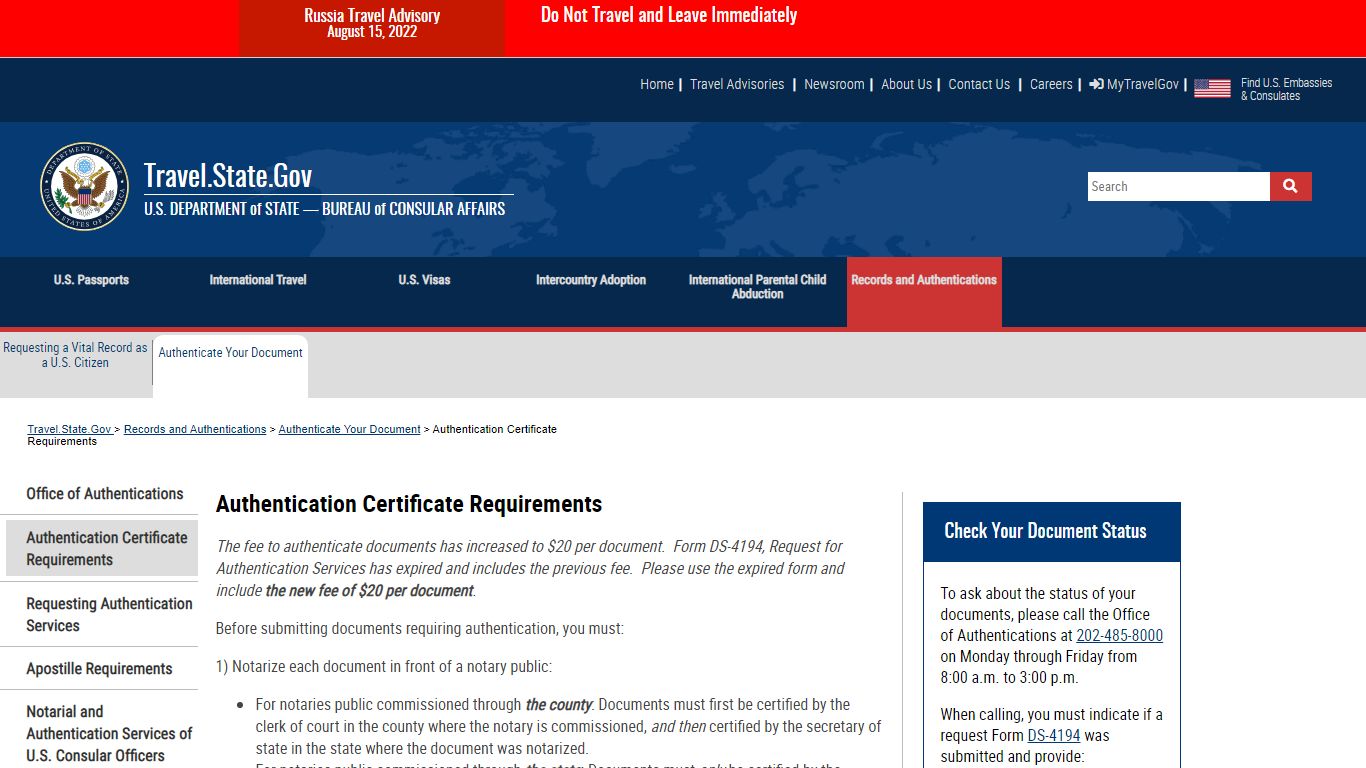 Authentication Certificate Requirements - United States Department of State